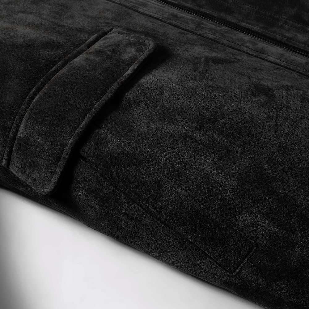 FLAVOR Men's Classic Leather Jacket Suede Winter Coat with Removable Collar (Large, Black)