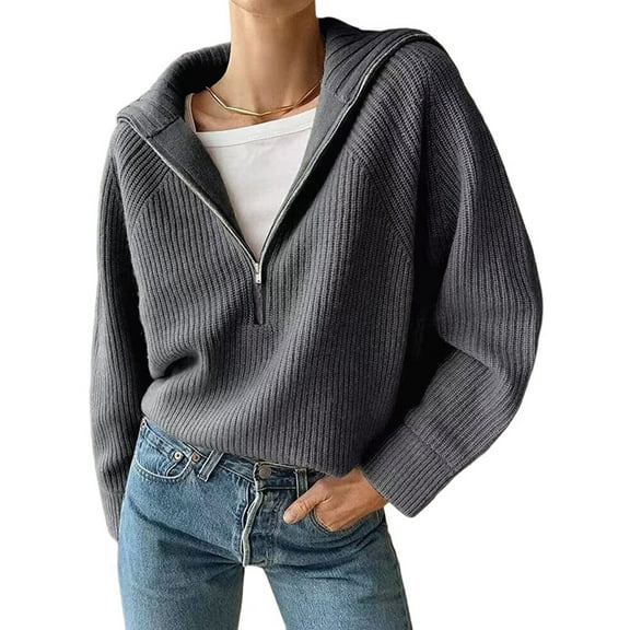 Womens Quarter Zip Pullover V Neck Collar Long Sleeve Ribbed Knit Loose Casual Winter Fall Sweater Gray XXL