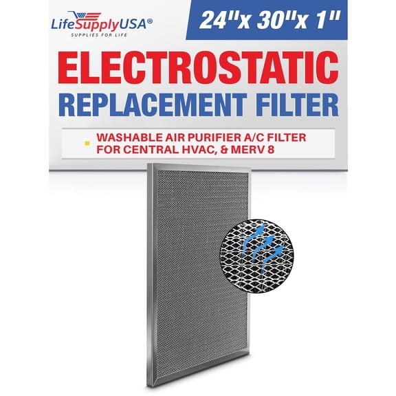 24x30x1 Electrostatic Air Filter, MERV 8, Washable, Reusable Furnace AC/HVAC Filter, Energy Saving, Easy to Clean, Long-Lasting by LifeSupplyUSA