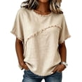 thumbnail image 2 of WULMLEO Women's Linen Blend Frayed Edge Tunic Top, Short Sleeve Crew Neck Casual Blouse with Raw Fringe Detail Beige M, 2 of 4