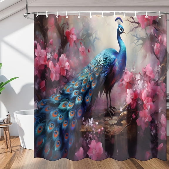 Pretty Peacock Printed Shower Curtains, Colorful Bird Waterproof Fabric Shower Curtain, Washable Polyester Bath Curtain for Bathroom with Hooks 36"W x 72"H