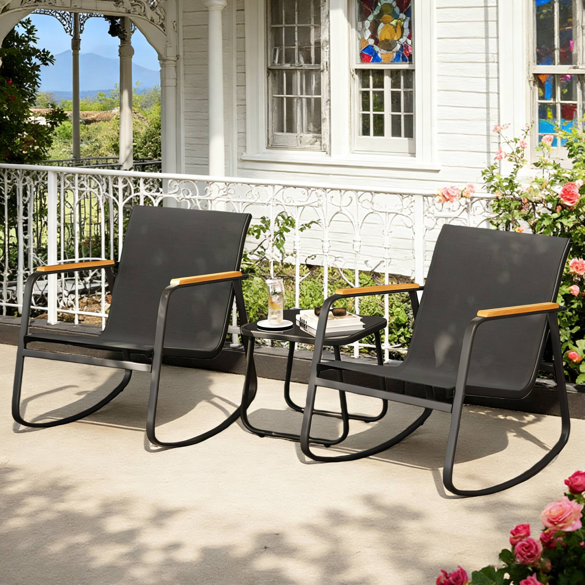 Lofka 3 Piece Patio Furniture Set, Outdoor Rocking Chair Set with Side Table, Black