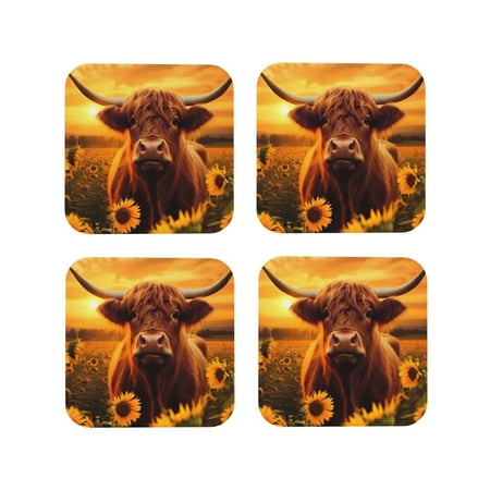 

Tideii Vintage Sunflower Cow A for Leather Coasters 4 Pieces Anti-fouling and Anti-scalding Decorative Coasters Suitable for Restaurants Kitchens Coffee Shops-Square