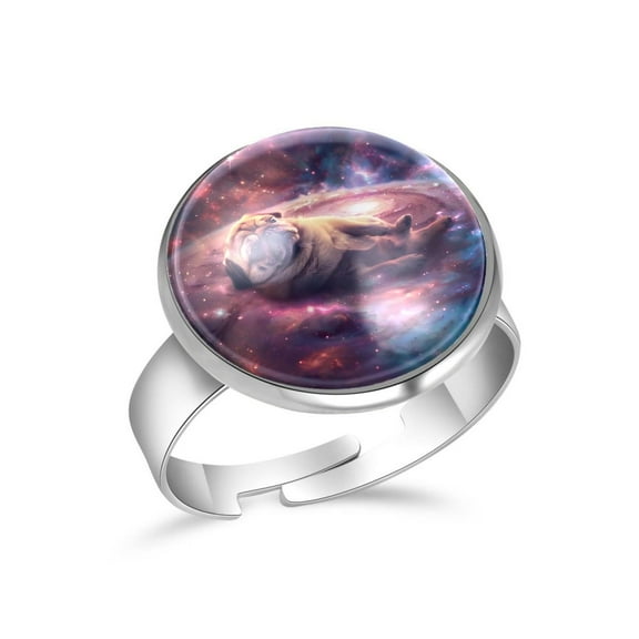 PhooArto Pug Dog Lying Galaxy Stainless Steel Rings for Women, Open Adjustable Ring Promise Ring Jewelry Gifts