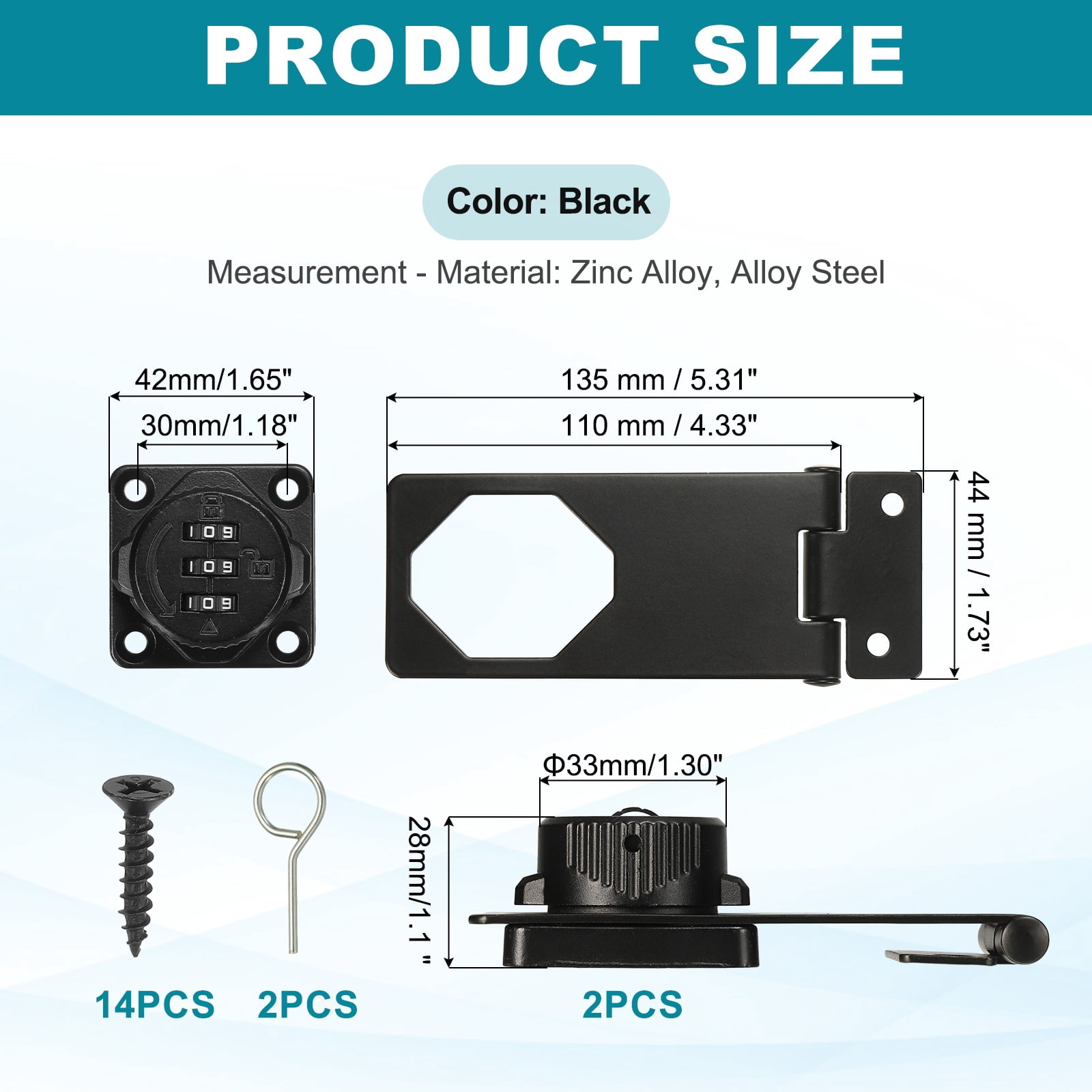 Uxcell Password Rotary Hasp Lock (5", Black) (2 Pcs), Keyless 3-Digit Cabinet Locks with Combination Security Slide Latch, Suit For- Door/Closet/Barn/Bathroom/Outdoor/Garden