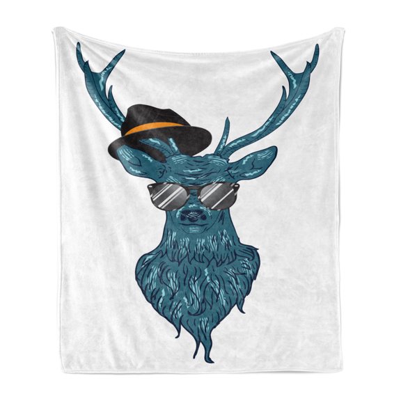 Antlers Soft Flannel Fleece Throw Blanket, Image of a Deer Hipster in Glasses Hat and Mustache Modern Style Print, Cozy Plush for Indoor and Outdoor Use, 50" x 60", Teal and Black, by Ambesonne