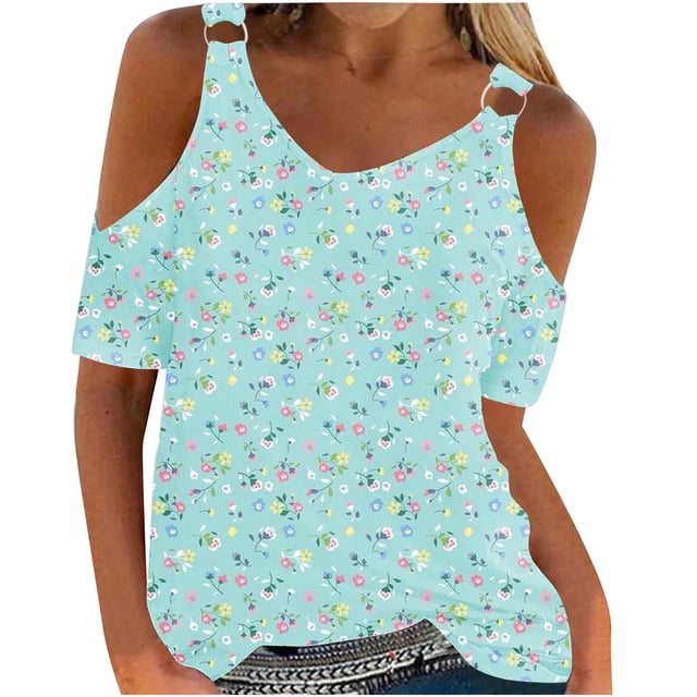 Tops de Hombro Frío para las Mujeres Floral Impresión Off Hombro Manga Corta V-Cuello Blusa, Top de Verano Casual