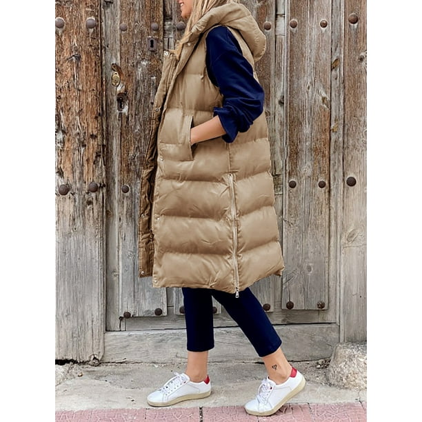 Chaqueta larga con capucha y relleno de algodón de color liso, chaleco informal de moda, abrigo sin mangas de un solo pecho para mujer
