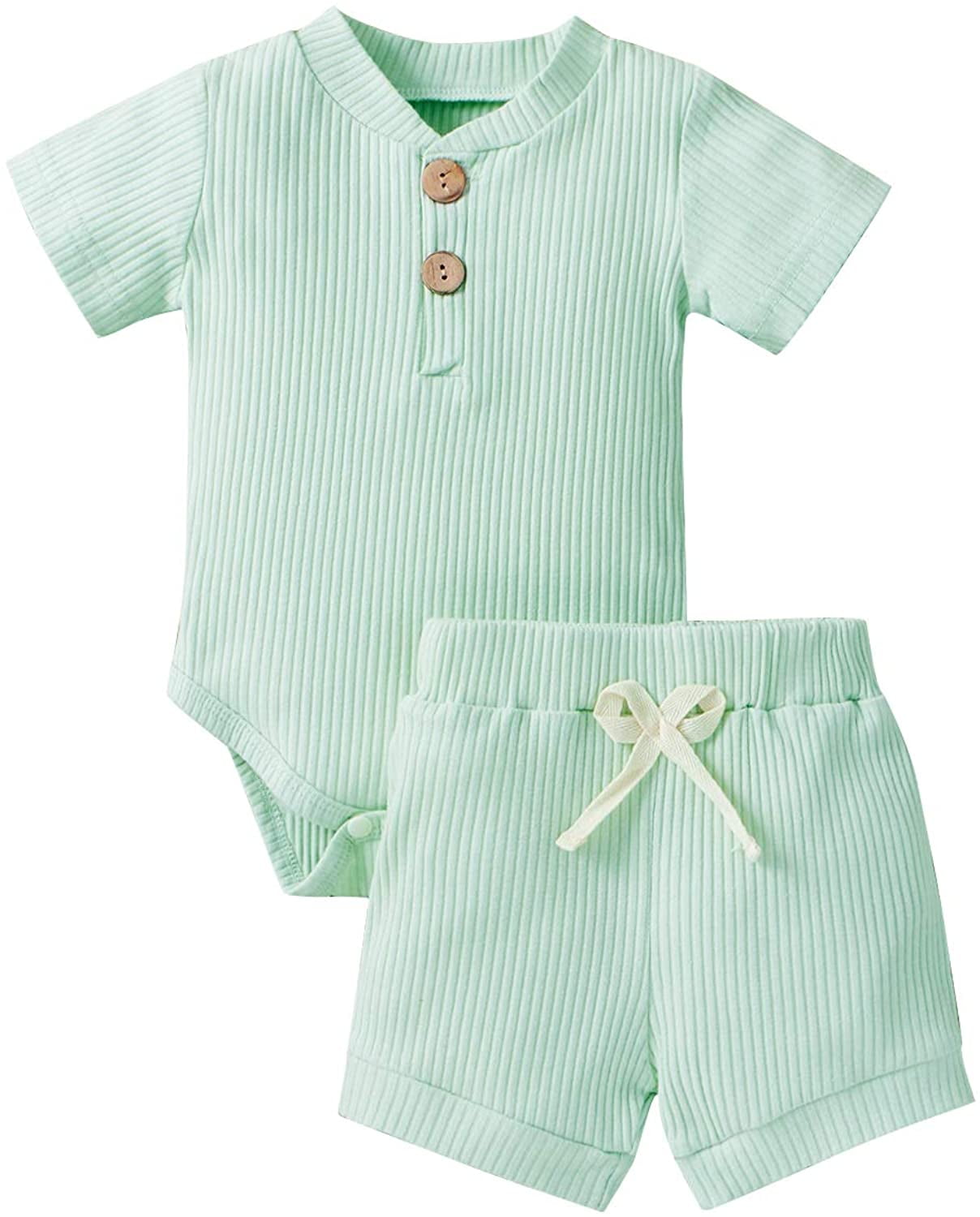 Newborn Baby Boy Girl Summer Clothes Unisex Infant Solid Ribbed Cotton Outfit Short Sleeve Pocket Tops Pants Shorts Set