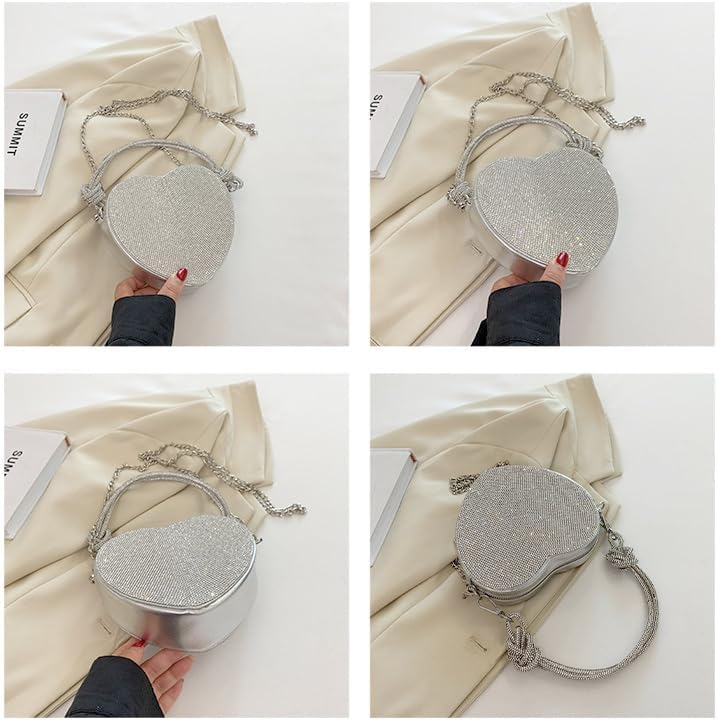 Silver Crossbody Purse, Heart Purse Evening Clutch Small Shoulder Purse Rhinestone Purse Crossbody Bag for Women