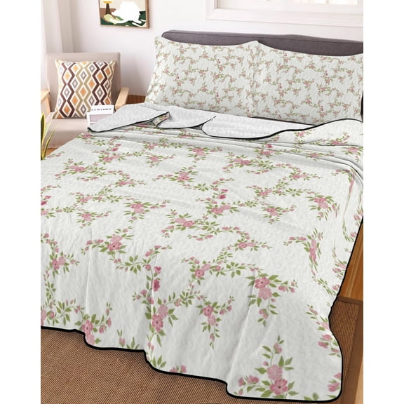 Pink Floral King Size Down Alternative Comforter, Lightweight Comforter Quilt Bedding Set with Pillow Shams Vintage Leaves Flowers Rustic Plants All Seasons Bed Comforter Duvet Insert 96"x106"