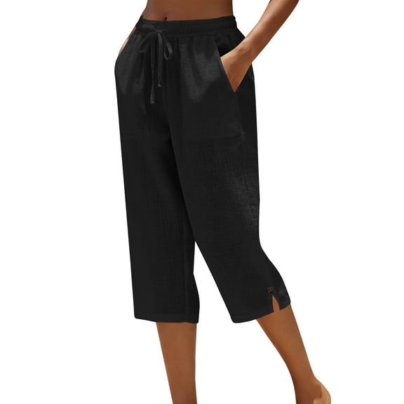 BODOAO Women's Capri Pants with Pockets Drawstring Elastic Waist Cotton Linen Blend Button Hem Side Slit Relaxed Straight Leg Lightweight Breathable Casual Summer Beach Travel Black L