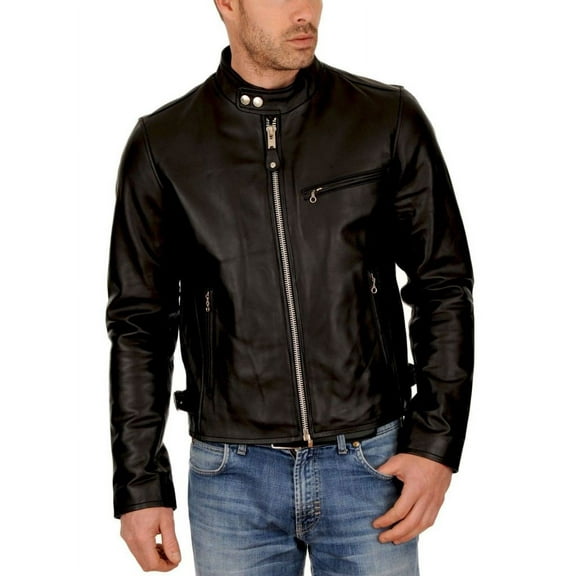 Noora Men's Real Sheepskin Leather Jacket Black, Mens Black Biker Leather Jacket with Chinese Collar, Personalised Gift for him