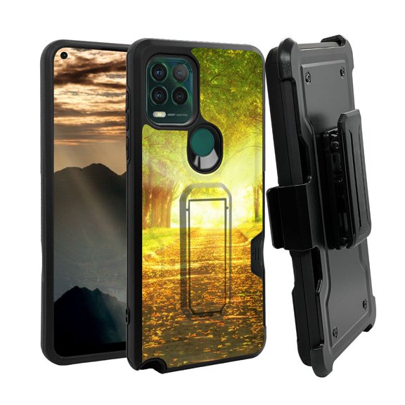 ANJ  Rugged Shockproof Holster Case w/Card Slot, Kickstand   Tempered Glass for Motorola Moto G Stylus 5G - Sunrise Walk