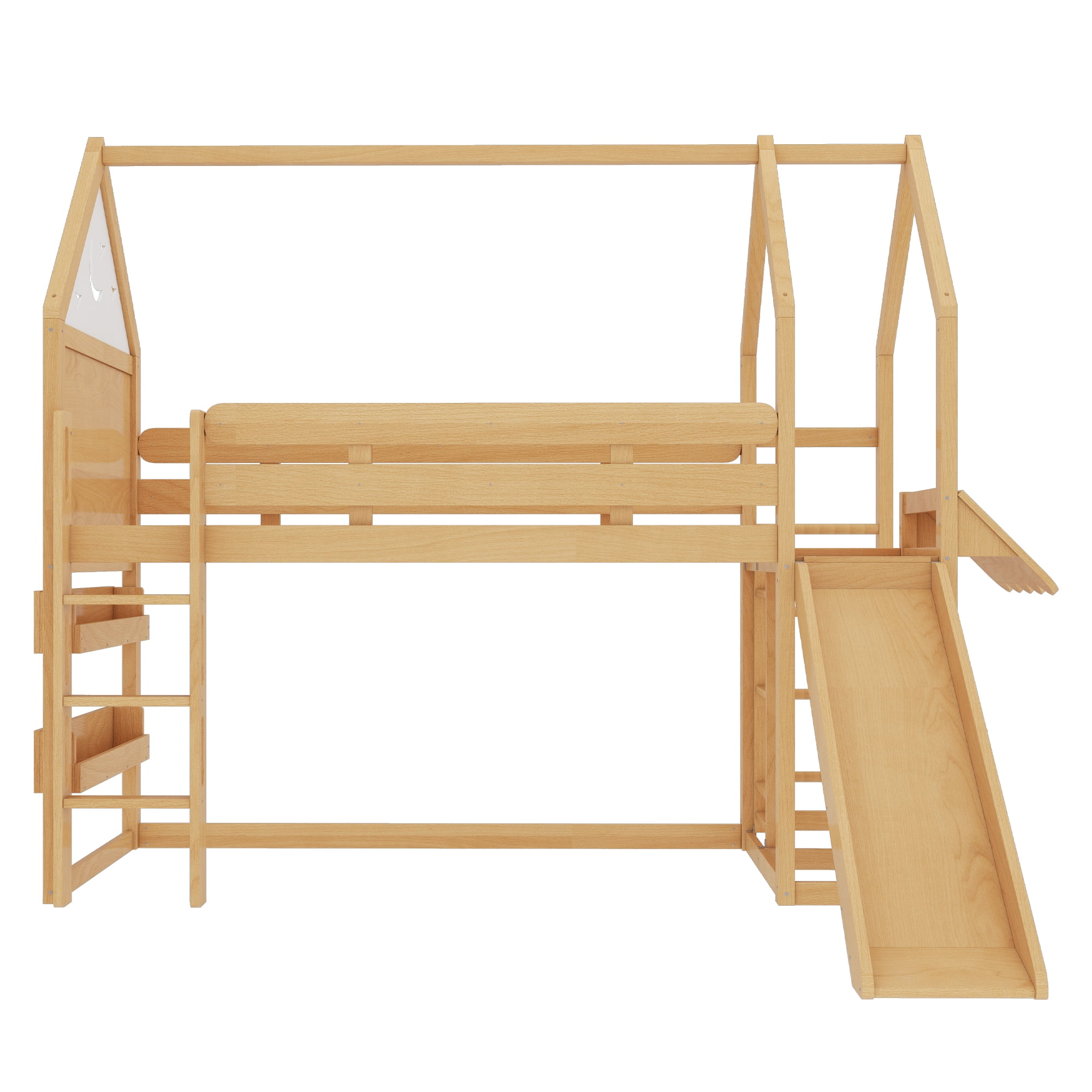 Yoneston Twin House Shaped Loft Bed with Slide and Bookshelf, Starry Moon Platform House Bed with Stairs, Roof & Guardrails for Kids Teens Bedroom Playhouse, Natural