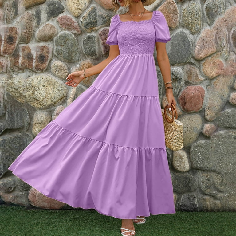 OVINYER Dress Women 2024 Floral Boho Wrap O-Neck Short Sleeve Belted Ruffle  Hem A-Line Flowy Maxi Dresses Simple Cozy Sundress - Walmart.com