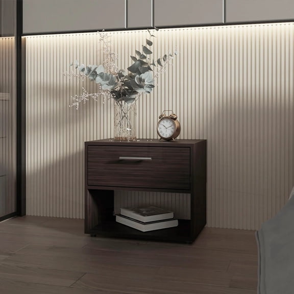 Modern Stained Walnut Nightstand with 1 Drawer & Shelf