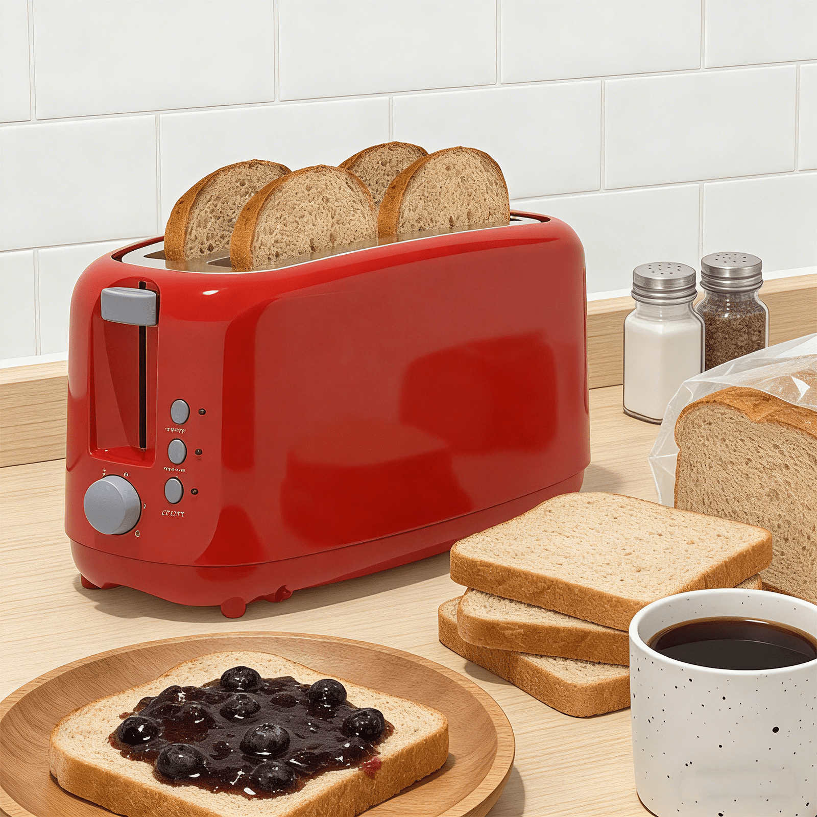 4 Slice Extra Long Slot Toaster with 6 Browning Levels & Defrost/Reheat Functions,Waffles,Red
