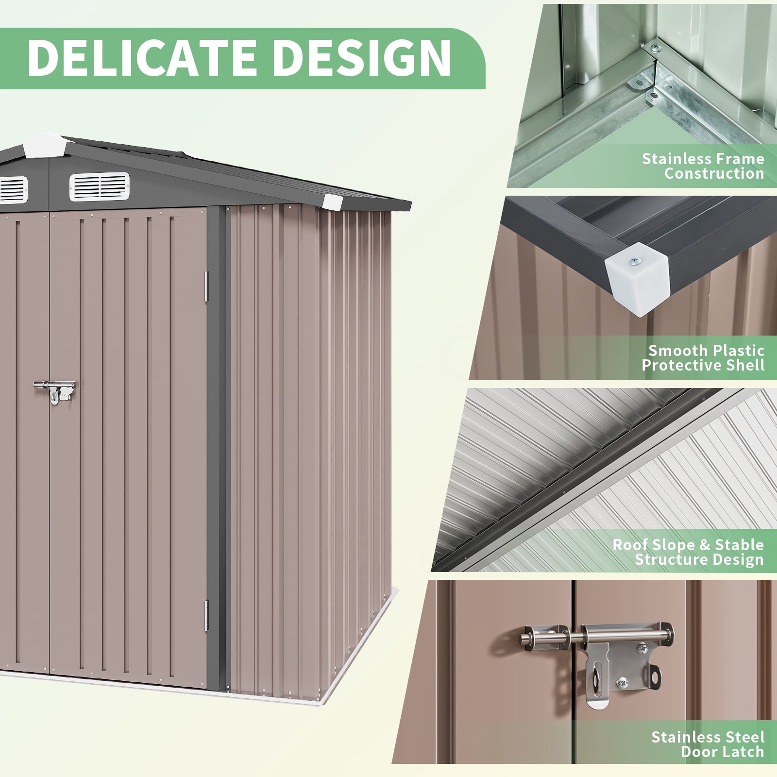 BaPiPro 6x4 ft Outdoor Storage Shed with Base, Metal Tool Shed with Lockable, Waterproof, Brown