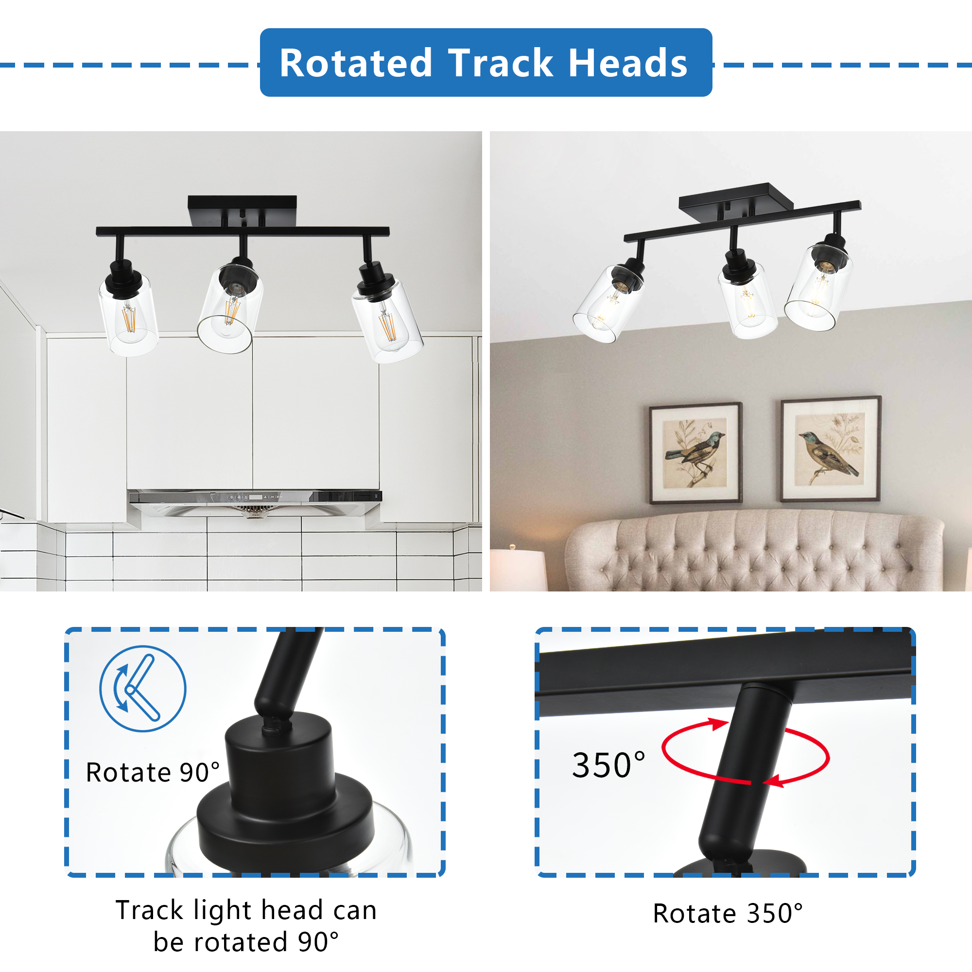 MELUCEE 3 Light Bathroom Vanity Light Black Track Lighting Fixtures Ceiling with Rotatable Track Head