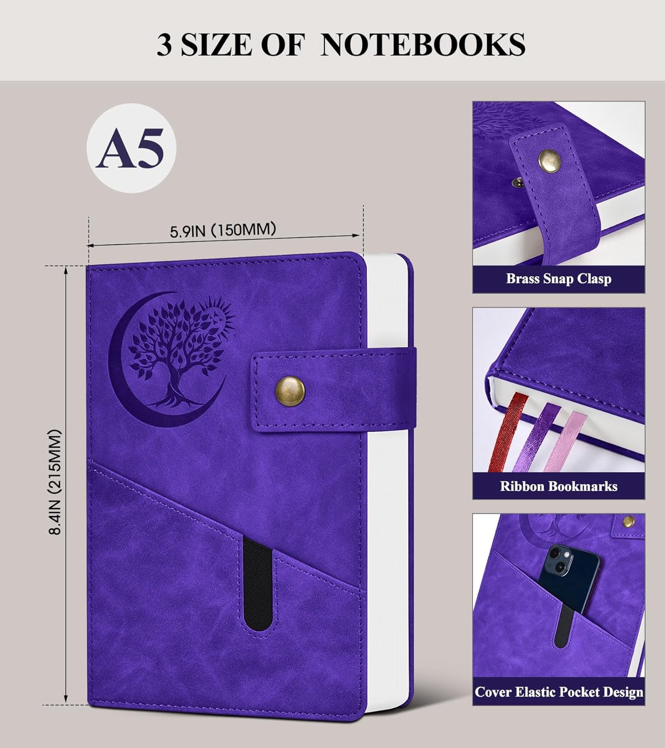 A5 Leather Journal Notebook, 365 Pages Thick Hardcover Lined Journal for Men & Women, Medium 5.9" x 8.4" College Ruled Notebooks for Work, School, Travel, Business,Note Taking,Writing Diary