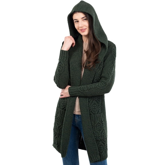 SAOL 100% Merino Wool Women's Aran Open Front Long Cardigan Sweater Irish Cable Knit Outdoor Coat with Hood Made in Ireland