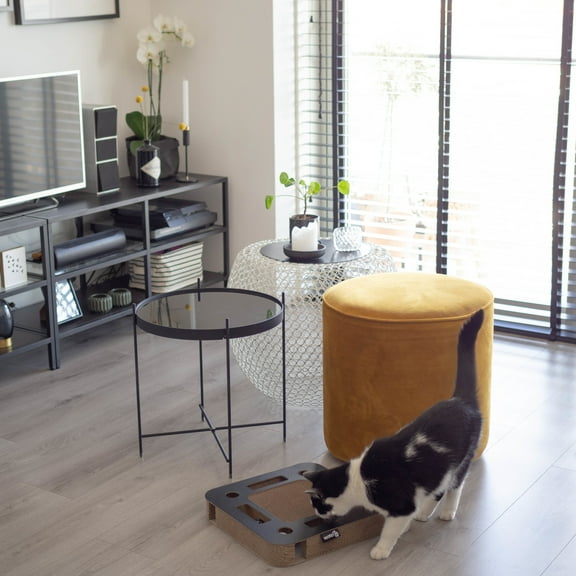 District 70 Spy Cat Scratcher with Ball and Bell, Corrugated Cardboard, Modern Design, Interactive Toy and Scratch Pad, Play and Groom, Keep Your Cat Active and Healthy - Black