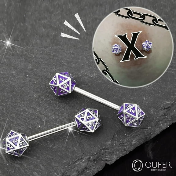 GHRTGR-2PCS Icosahedron Dice Nipple Rings, 14G 316L Surgical Steel Nipple Barbells, Nipple Jewelry for Women