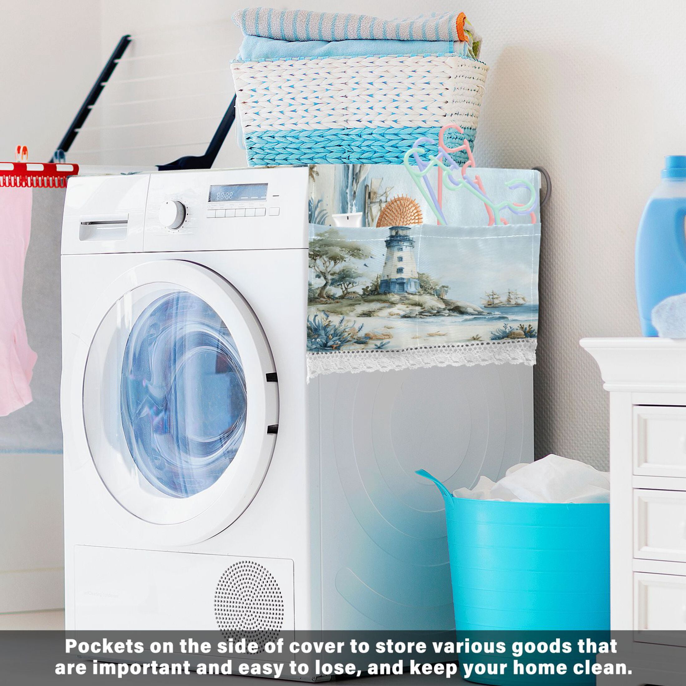Wobogo Nautical Beach Washing Machine Cover Dustproof Washer Dryer Cover Waterproof Laundry Room Decorative Protector