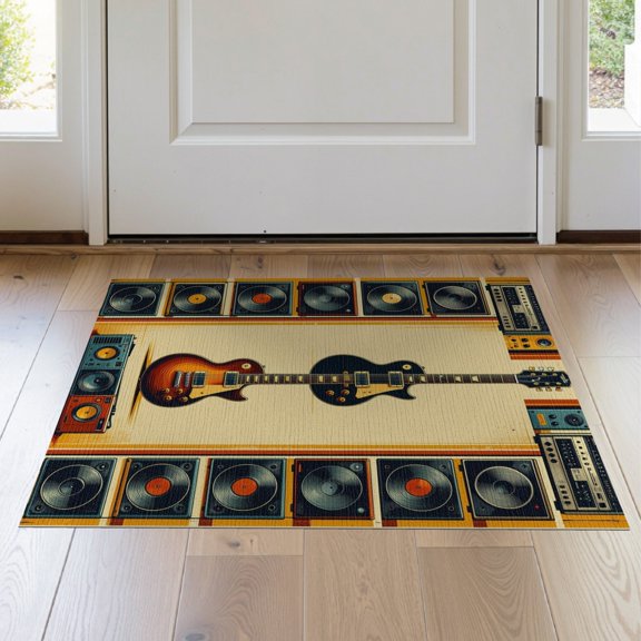 ODIKA 2'x3' Washable Accent Rug Guitar Rock Music Themed Vintage Vinyl Amplifier Motifs Record for Bedroom, Nursery, RV, Pet Friendly, Bedside Mat