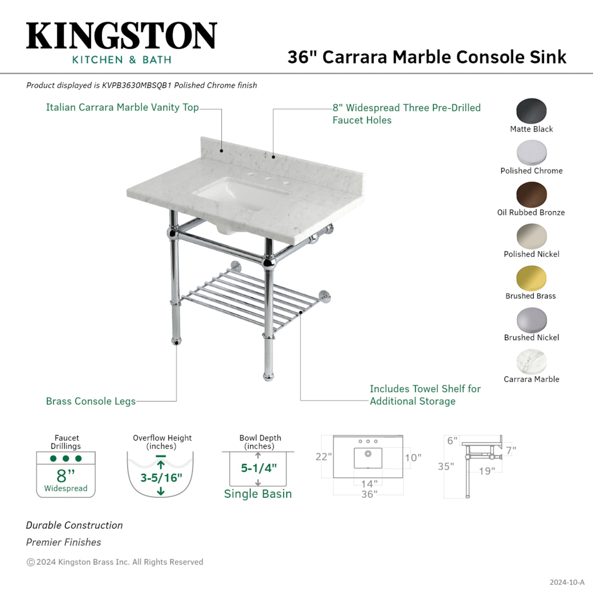 Kingston Brass KVPB3630MBSQB1 Templeton 36" Rectangular Brass, Marble Console Bathroom