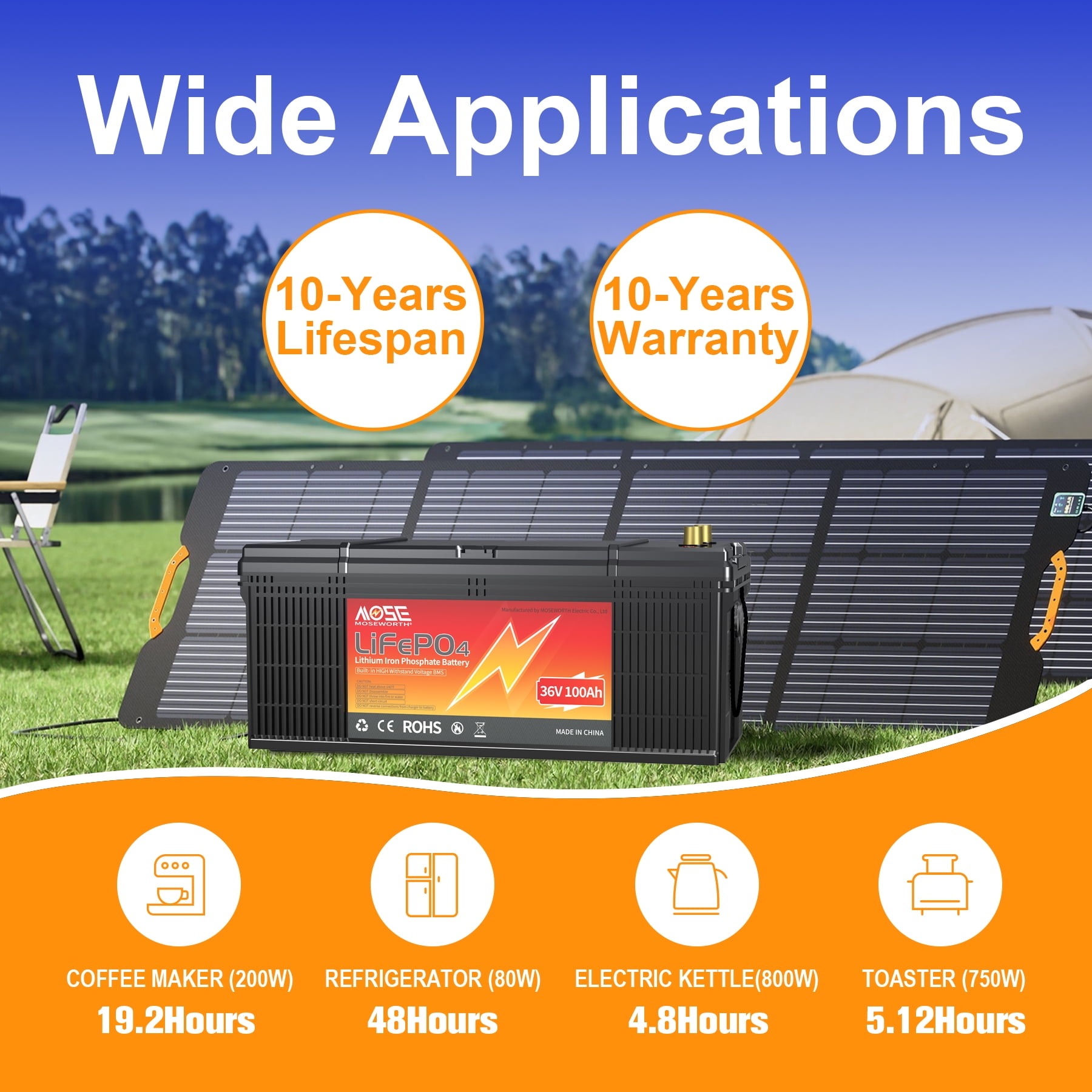 36V 100Ah LiFePO4 Battery,200A BMS,MOSEWORTH for Golf Carts,RV,Marine,Trolling Motor,Solar,Camping,Boat,15000+Deep Cycles Battery with a Charger