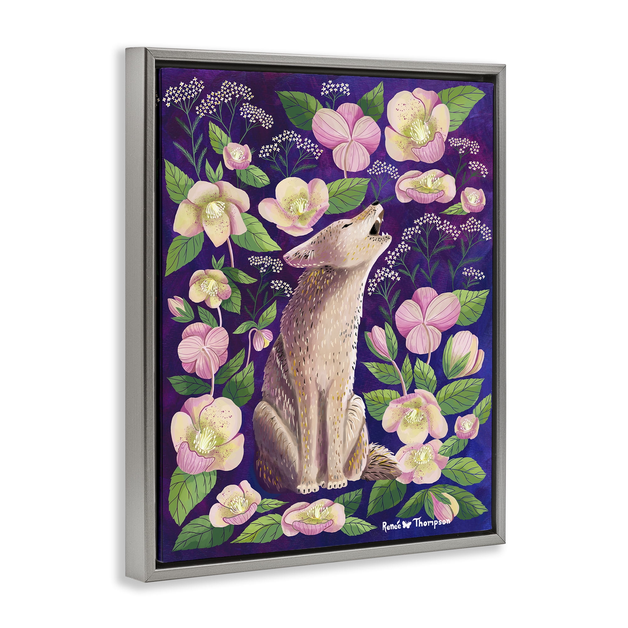 Stupell Industries Coyote & Pink Florals Animals Painting Gray Floater Framed Canvas Art Print Wall Art, 25 x 31