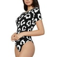 thumbnail image 2 of KLL Women 's Crew Neck Bodysuit Jumpsuits Black Leopard Print Short onesies Stretch T Shirts, 2 of 7