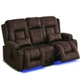 thumbnail image 3 of Power Reclining Loveseat Sofa with Massage, Heat & LED Lights, Bluetooth Speakers, USB Chargers, and Cup Holder Console for Home Theater, Brown Velvet, 3 of 9