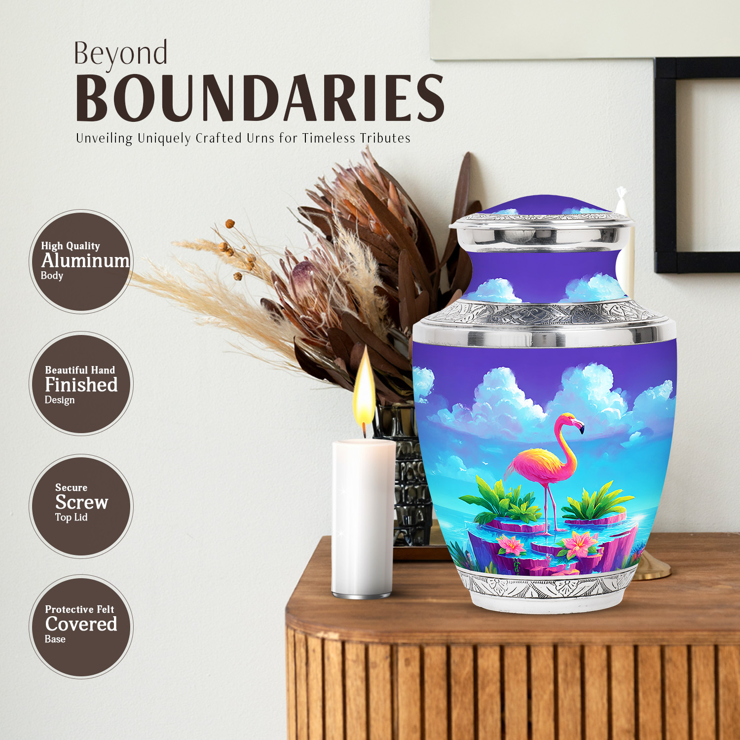 JAGASY Pink Flamingo Burial Combo Urn Set of 5, Purple Small Urns for Human Ashes Keepsake, Pink Flowers & Cloudy Sky Decorative Urns for Mom & Dad, Large Cremation Urn, (1 Large, 10" & 4 Small, 3")