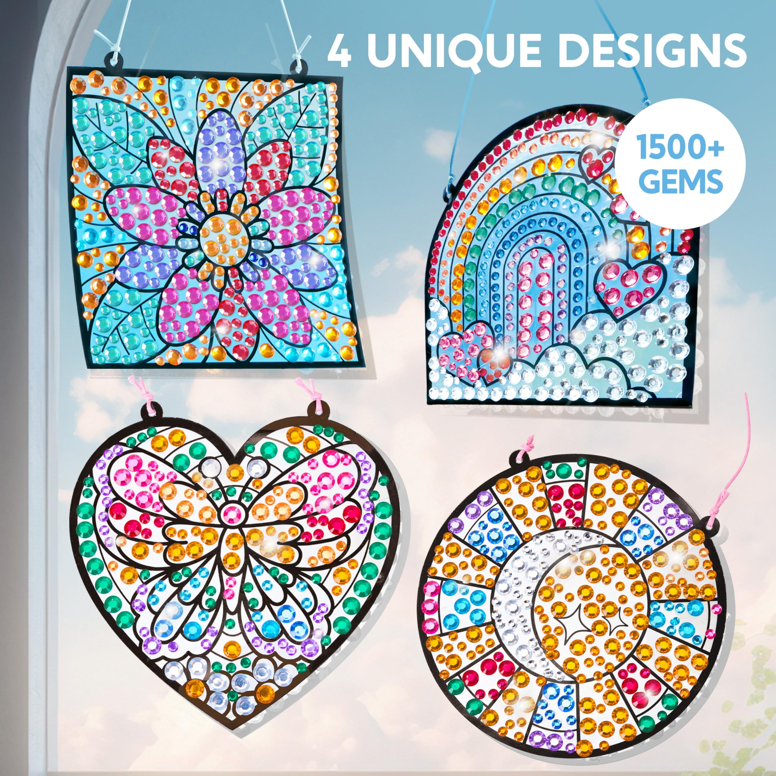 Joyfy 4 Pcs Window Art Making Kits, Sun Catcher Gem Painting Arts And Crafts Kits, Christmas Birthday Gift for Kids Girls Ages  5 6 8 12