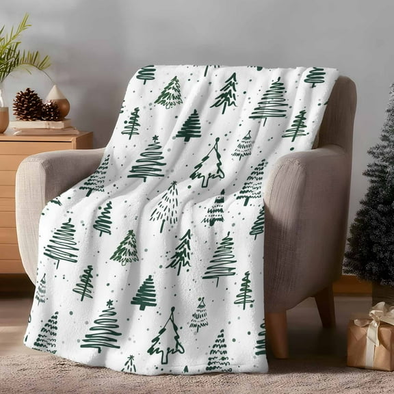 Throw Blanket Fleece Throw Blanket 50x60in, Merry Xmas Green Christmas Tree Soft Lightweight Bed Blankets Winter Farm Pine Tree Fuzzy Couch Blankets for All Season