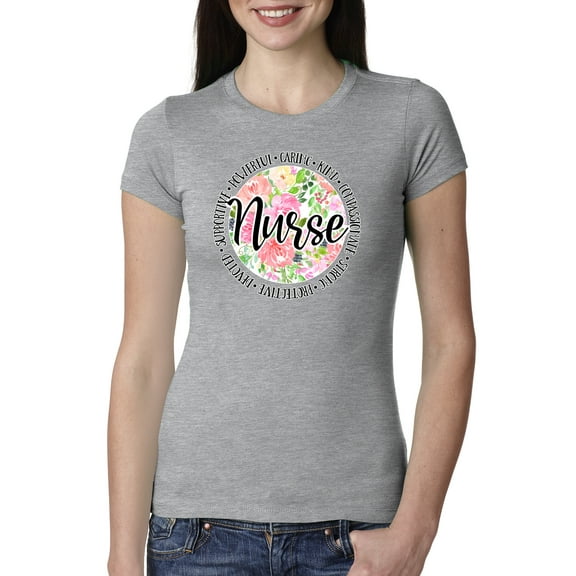 Floral Nurse Appreciation Pop Culture Womens Slim Fit Junior Tee, Heather Grey, Medium