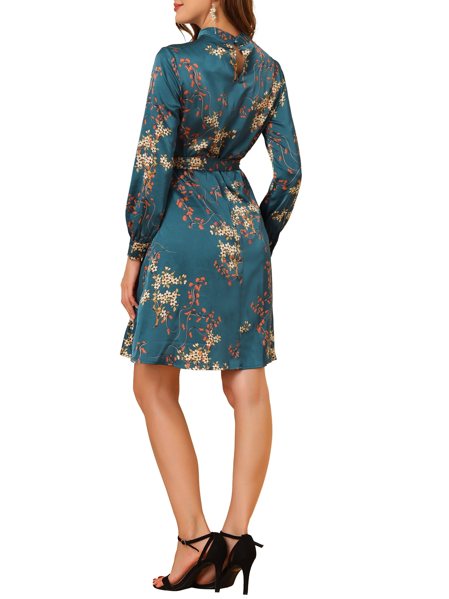 DARING DIVA Floral Print Long Sleeve Tie Waist A-line Dress M Satin Peacock Blue