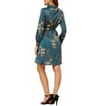 thumbnail image 4 of INSPIRE CHIC Women's Floral Dress Mock Neck Long Sleeve Tie Waist Knee Length Boho Dress M Satin Peacock Blue, 4 of 8