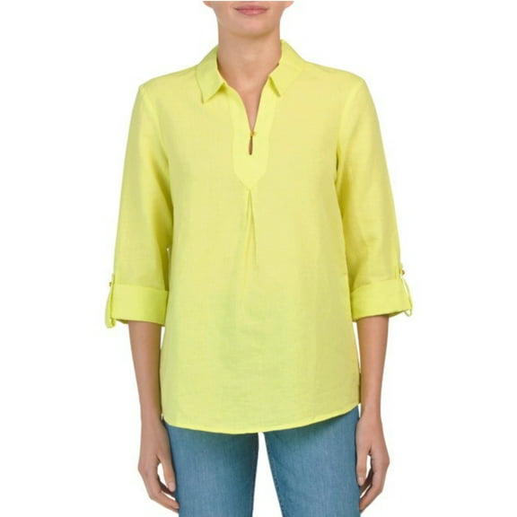 Ellen Tracy Women's Linen / Cotton Blend Split V-Neck Roll Tabs Tunic Shirt Top