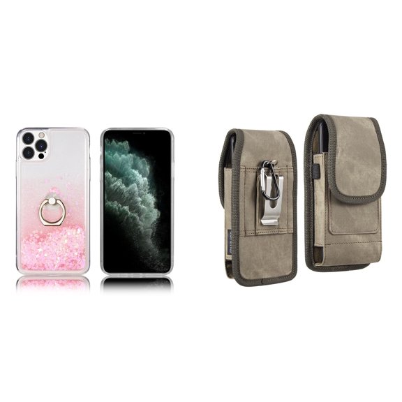 Waterfall Liquid Glitter Stand Case and Belt Holster Pouch for iPhone 14 Pro (Pink/Brown)