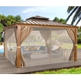 thumbnail image 6 of Erinnyees 12' x 12' Hardtop Gazebo, Wooden Finish Coated Aluminum Frame Gazebo with Galvanized Steel Double Roof, Brown Metal Gazebo with Curtains and Nettings for Patios, Gardens, Lawns, 6 of 8
