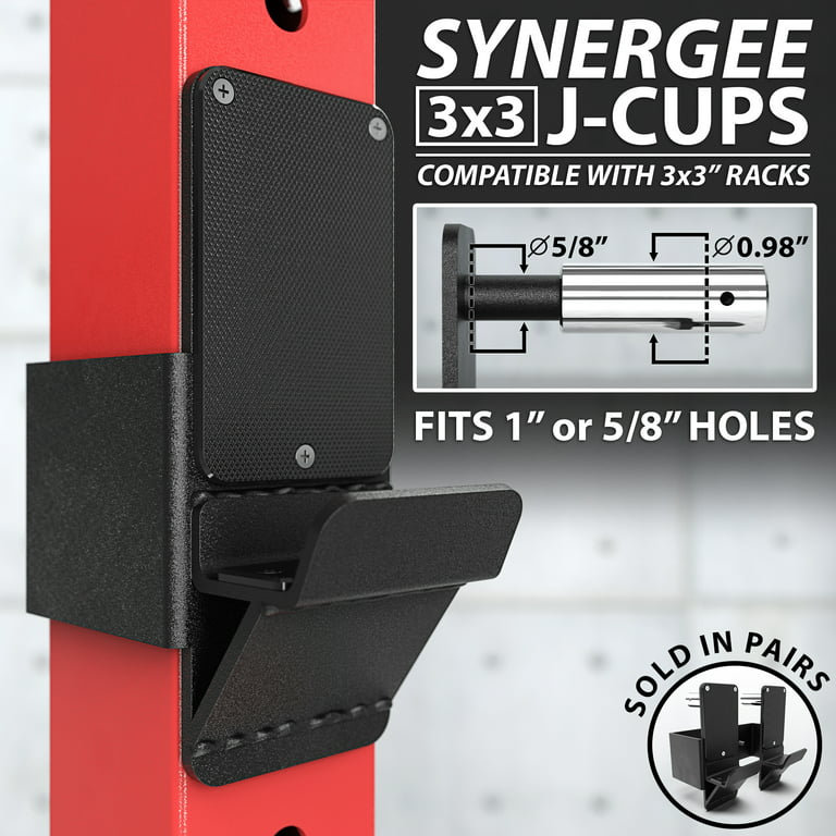 Synergee J-Hooks for Power and Squat Racks. 3x3 J-Cups Designed for 1” or  5/8 Hole. J-Hooks for Power Lifting, Squats and Presses. Sold in Pairs. 