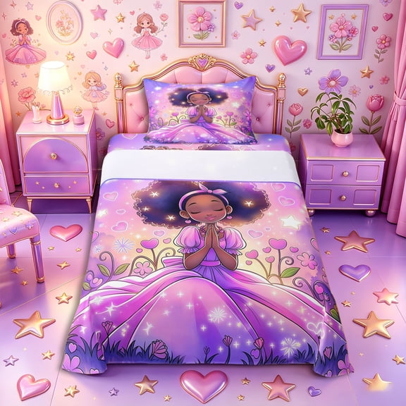Castle Fairy Magical Fairy Afro Princess Twin Sheets 3pcs,Purple Star Flower Heart Bedding,Purple Pink,1 Fitted Sheet, 1 Flat Sheet and 1 Pillowcase