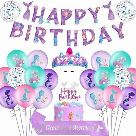 WEEKS Mermaid Birthday Kit - 20 Latex Balloons, Crown, Banner, Cake Topper, Sash for Mermaid Theme Parties