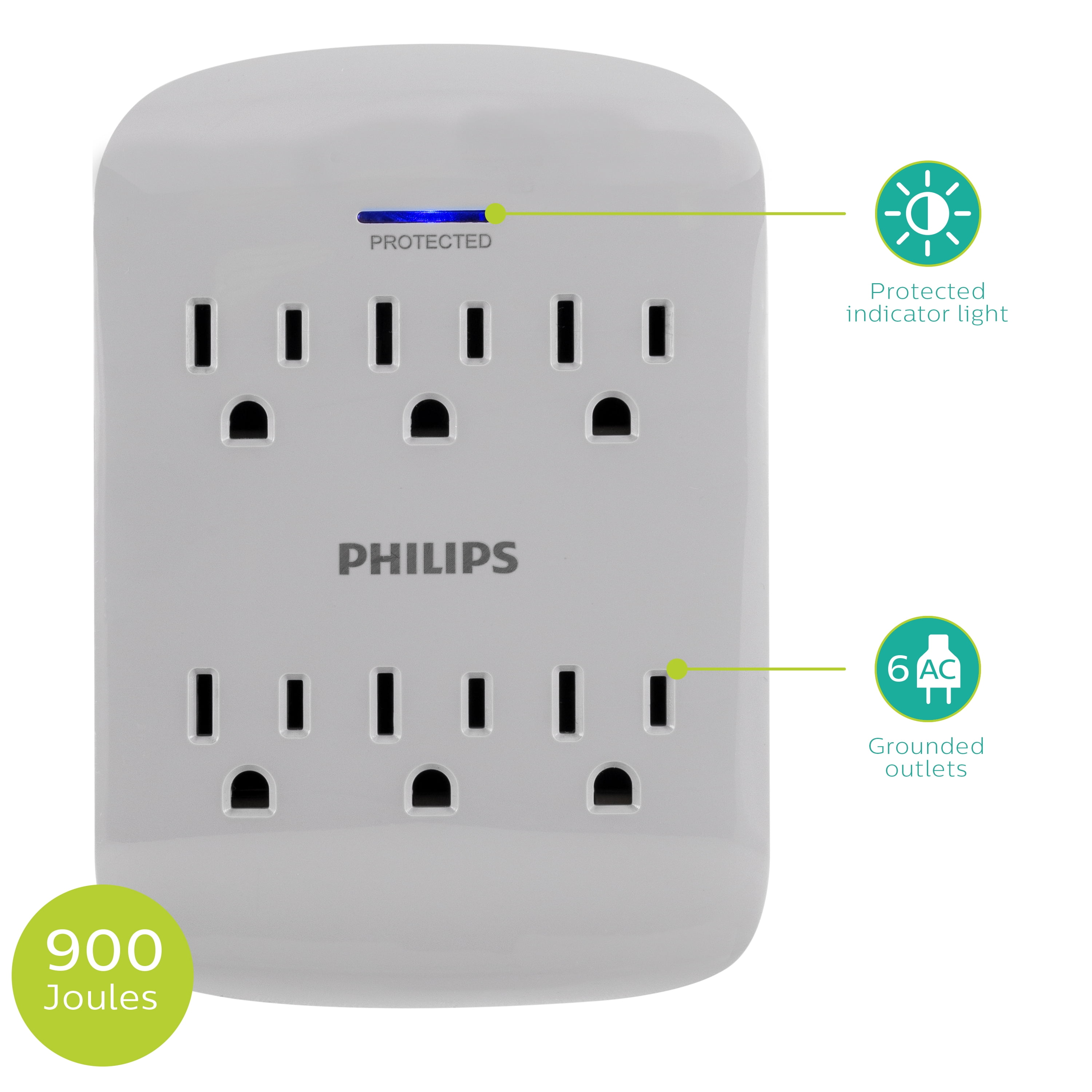 Philips 6-Outlet Surge Protector, 900J, Gray, 4 pack