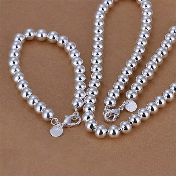 GKNET 925 Sterling Silver Filled Delicate Jewelry Set 10mm Hollow Bead Necklace Bracelet Sets