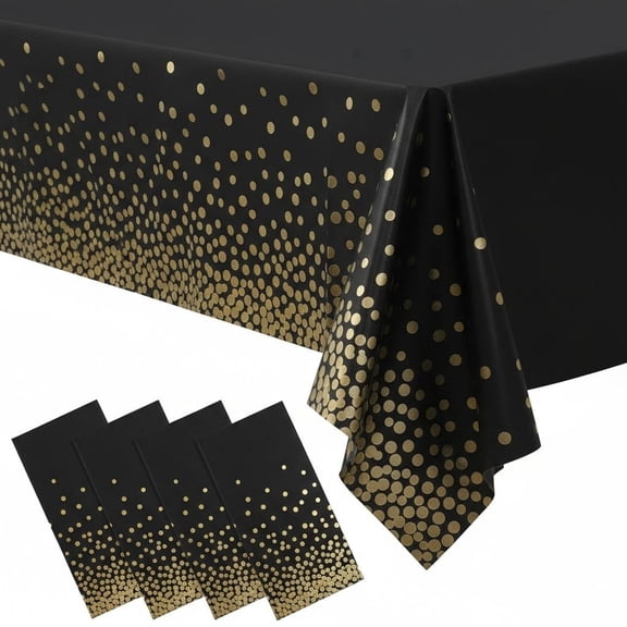 4 Pack black and Gold Plastic Tablecloth for Parties, black Disposable Table Cloth for Rectangle Tables, Gold Dot Confetti black Tablecloth for Birthday Wedding Baby Shower Party, 54x108